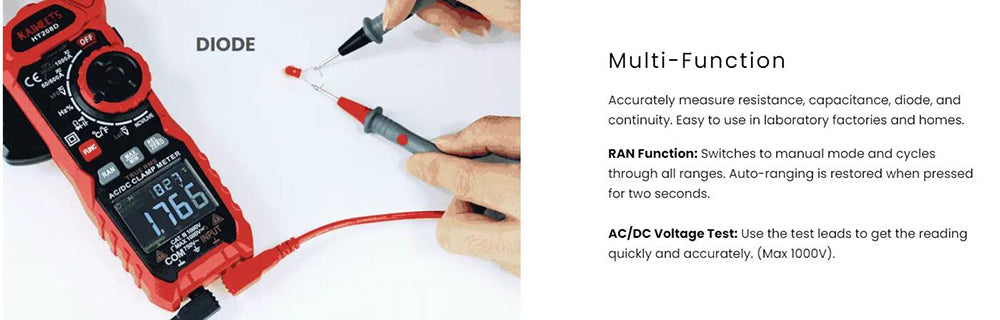 KAIWEETS HT208D Klešťový měřič INRUSH, proud 1000 A AC/DC, napětí 1000 V AC/DC, senzor NCV, tester elektrických zásuvek GFCI, testování nulového a fázového vodiče