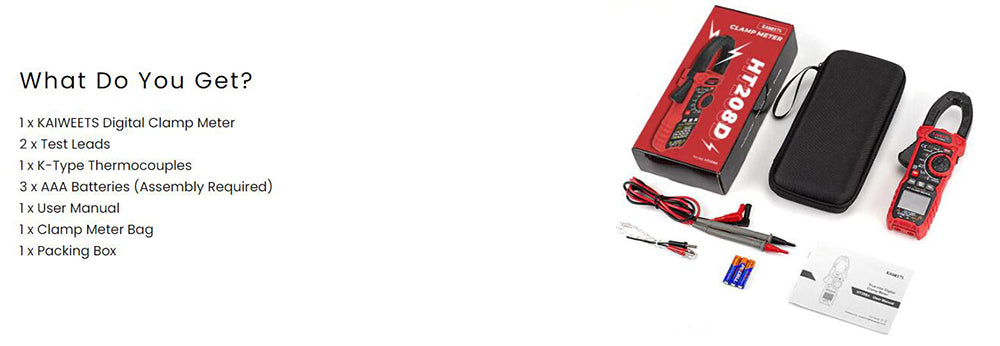 KAIWEETS HT208D Klešťový měřič INRUSH, proud 1000 A AC/DC, napětí 1000 V AC/DC, senzor NCV, tester elektrických zásuvek GFCI, testování nulového a fázového vodiče