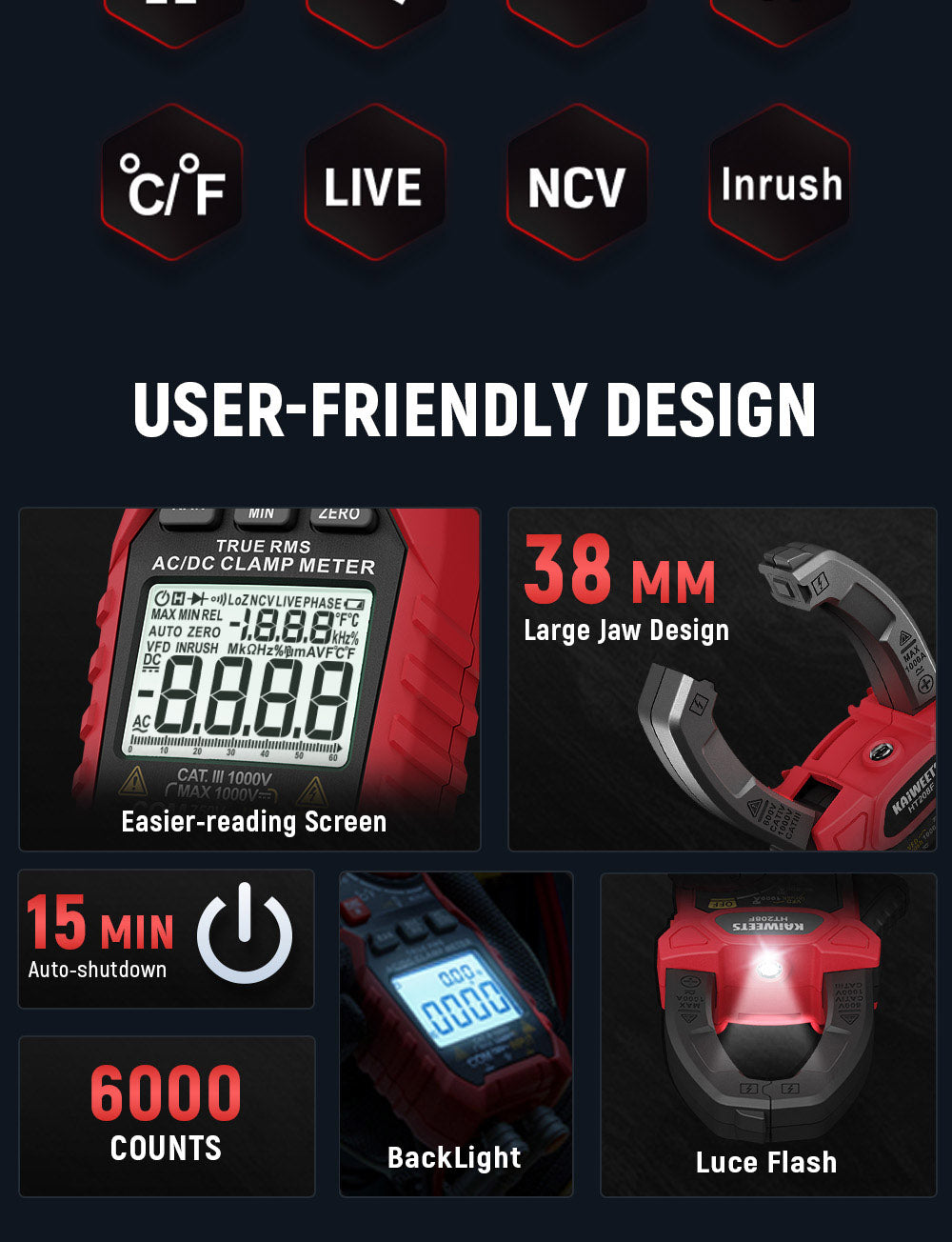 Digitální klešťový měřič KAIWEETS HT208F pro měření zapínacího proudu, 1000 A s podsvícením, TRMS 6000 číslic, automatické vypnutí po 15 minutách, 38mm velké čelisti