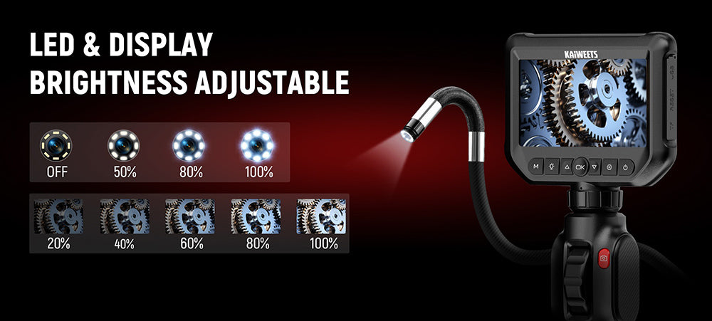 KAIWEETS KBA01 Obousměrný kloubový boroskop, otočná kamera o 210°, 8 LED světel, 4,3palcový displej, 1920*1080P, vodotěsný IP67