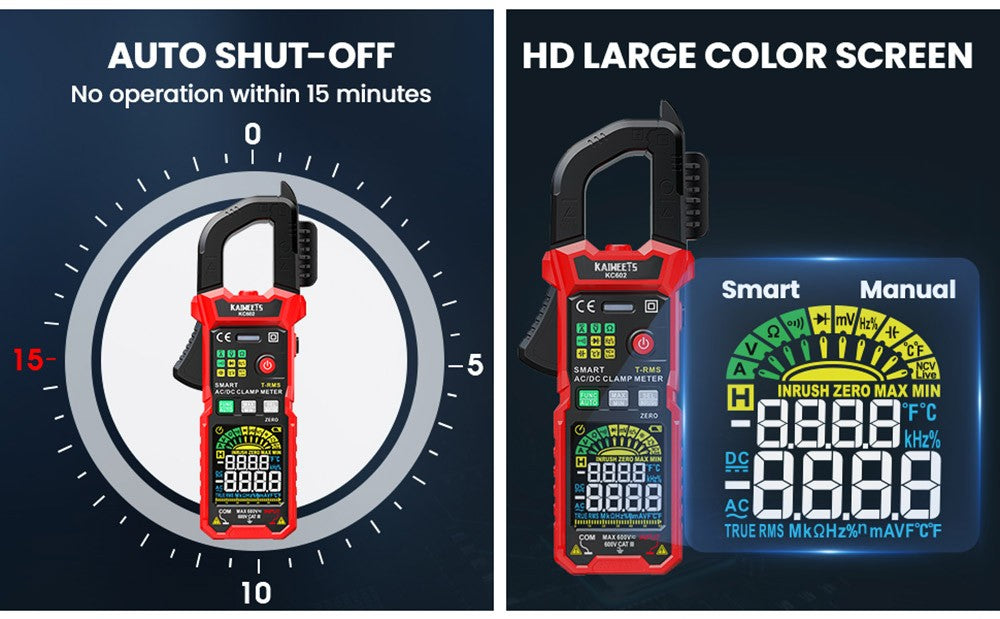 KAIWEETS KC602 Inteligentní digitální klešťový měřič, 6000 číslic True-RMS, automatický rozsah, AC/DC proud, detekce NCV