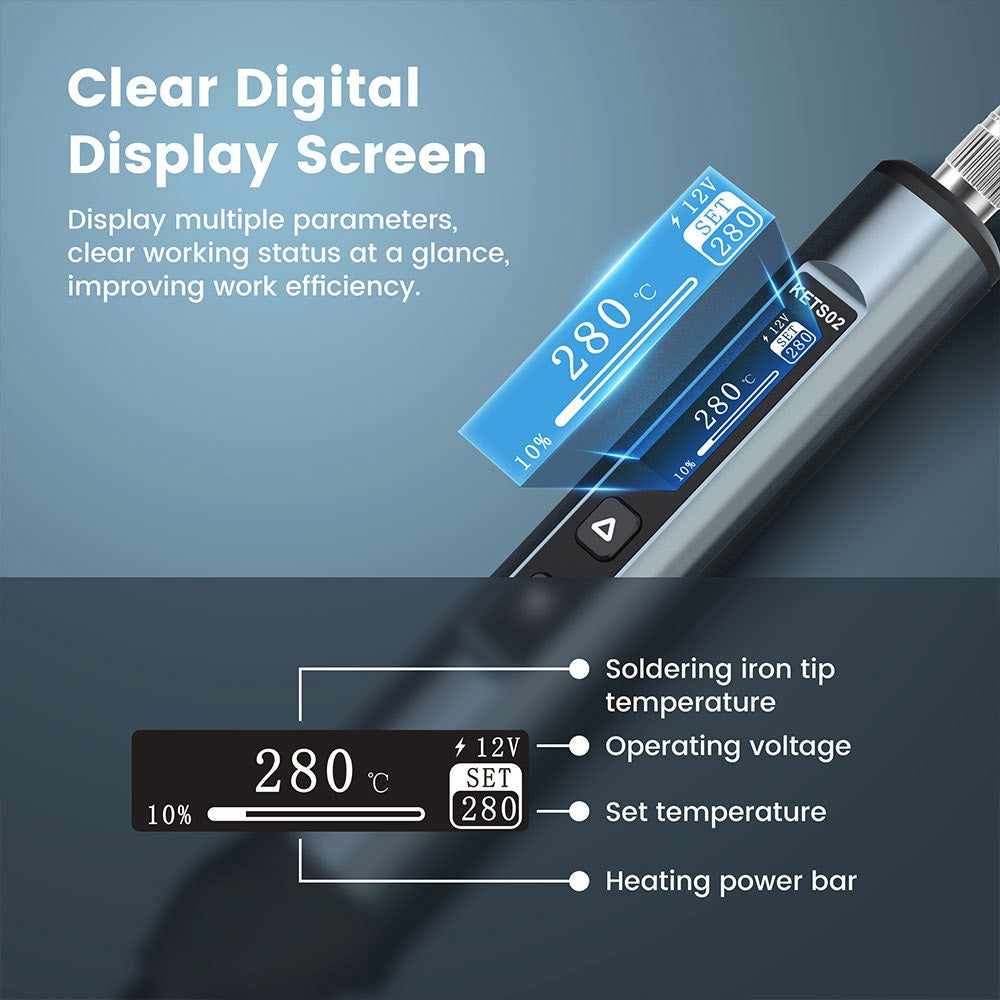 KAIWEETS KETS02 Chytrá digitální páječka, provozní napětí 9-20 V, přesná regulace teploty, režim spánku, dětský zámek, OLED displej