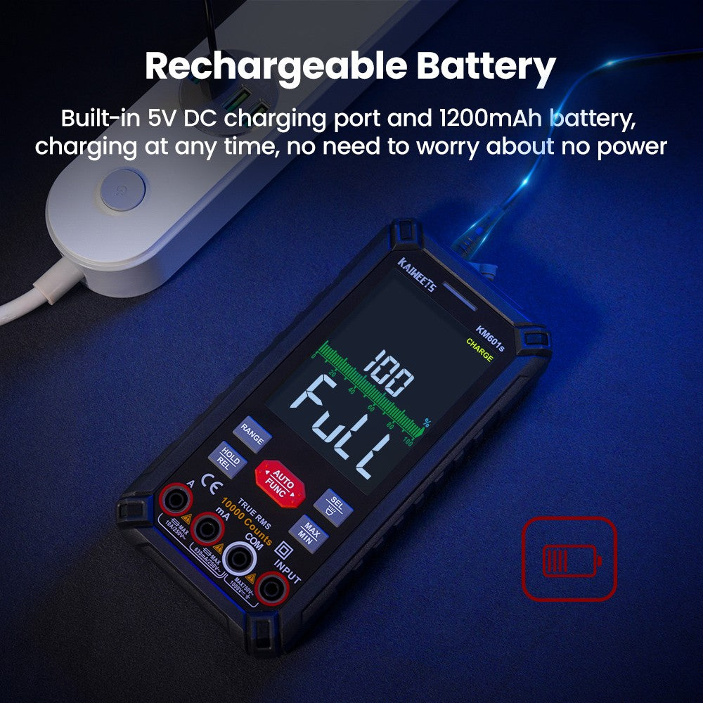 KAIWEETS KM601S Digitální multimetr 10000 čítačů True-RMS měřič Inteligentní režim Manuální režim Dobíjecí baterie Svítilna Automatické zamykání - Černá