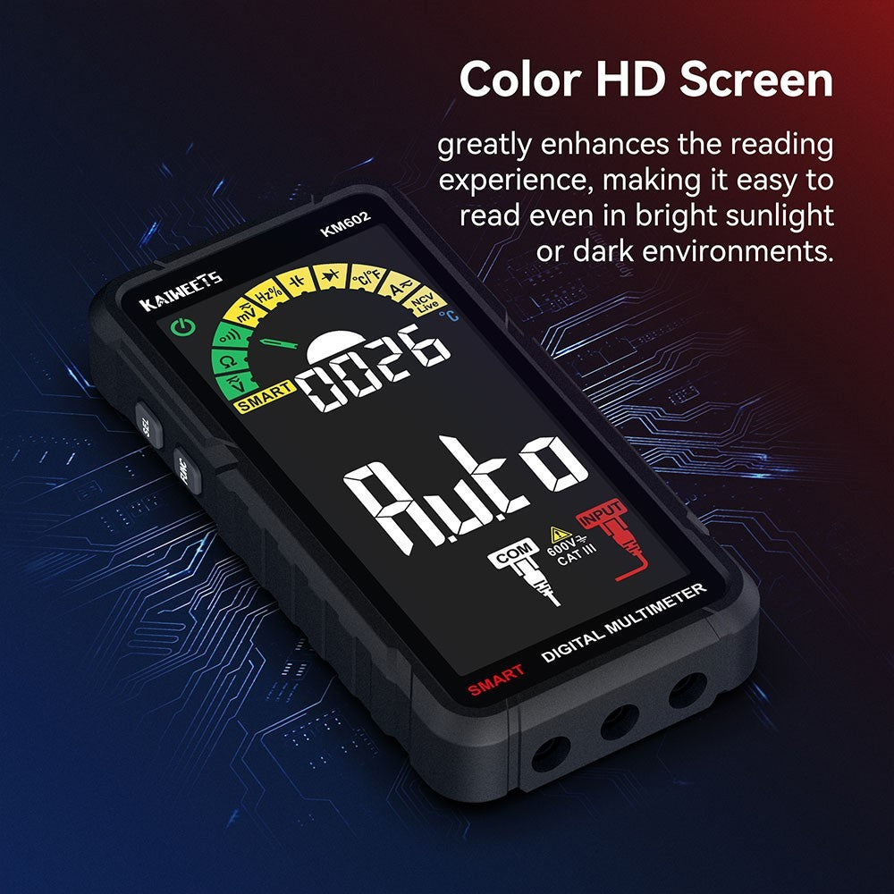 Digitální multimetr KAIWEETS KM602 s 6000 měřiči True-RMS, inteligentní režim, manuální režim, dobíjecí baterie 1200 mAh, automatické zamykání - černý