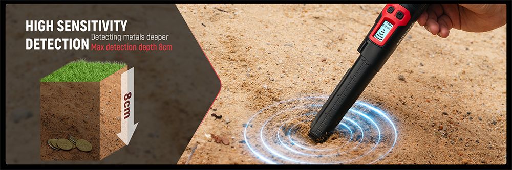 Detektor kovů KAIWEETS PREC-POINTER I Pinpointer, detekce 360°, vodotěsný IP68, LCD displej a svítilna, 3 režimy upozornění