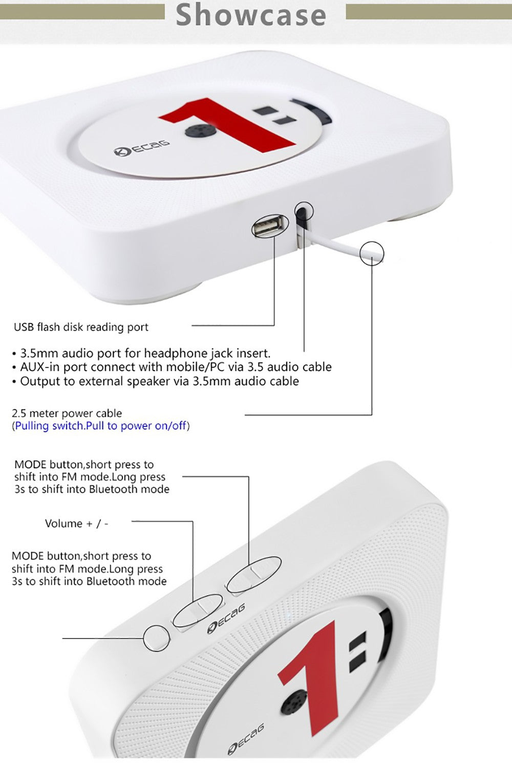 Kecag KC-808 Nástěnný CD přehrávač s Bluetooth a dálkovým ovládáním, FM rádio, MP3, konektor pro sluchátka, USB - černý