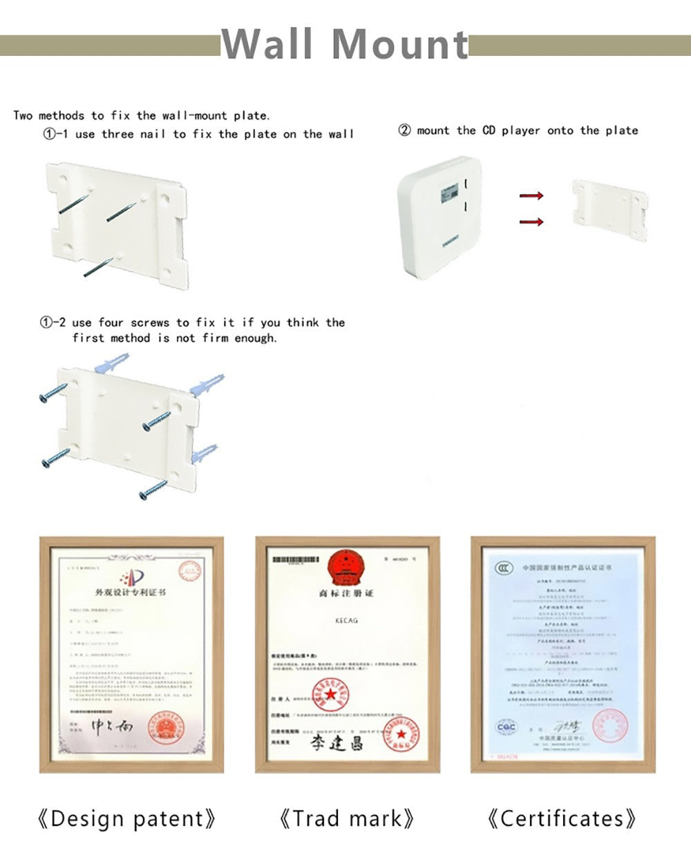 Kecag KC-808 Nástěnný CD přehrávač s Bluetooth a dálkovým ovládáním, FM rádio, MP3, konektor pro sluchátka, USB - černý