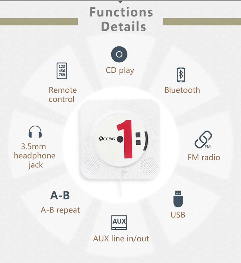 Kecag KC-808 Nástěnný CD přehrávač s Bluetooth a dálkovým ovládáním, FM rádio, MP3, konektor pro sluchátka, USB - černý