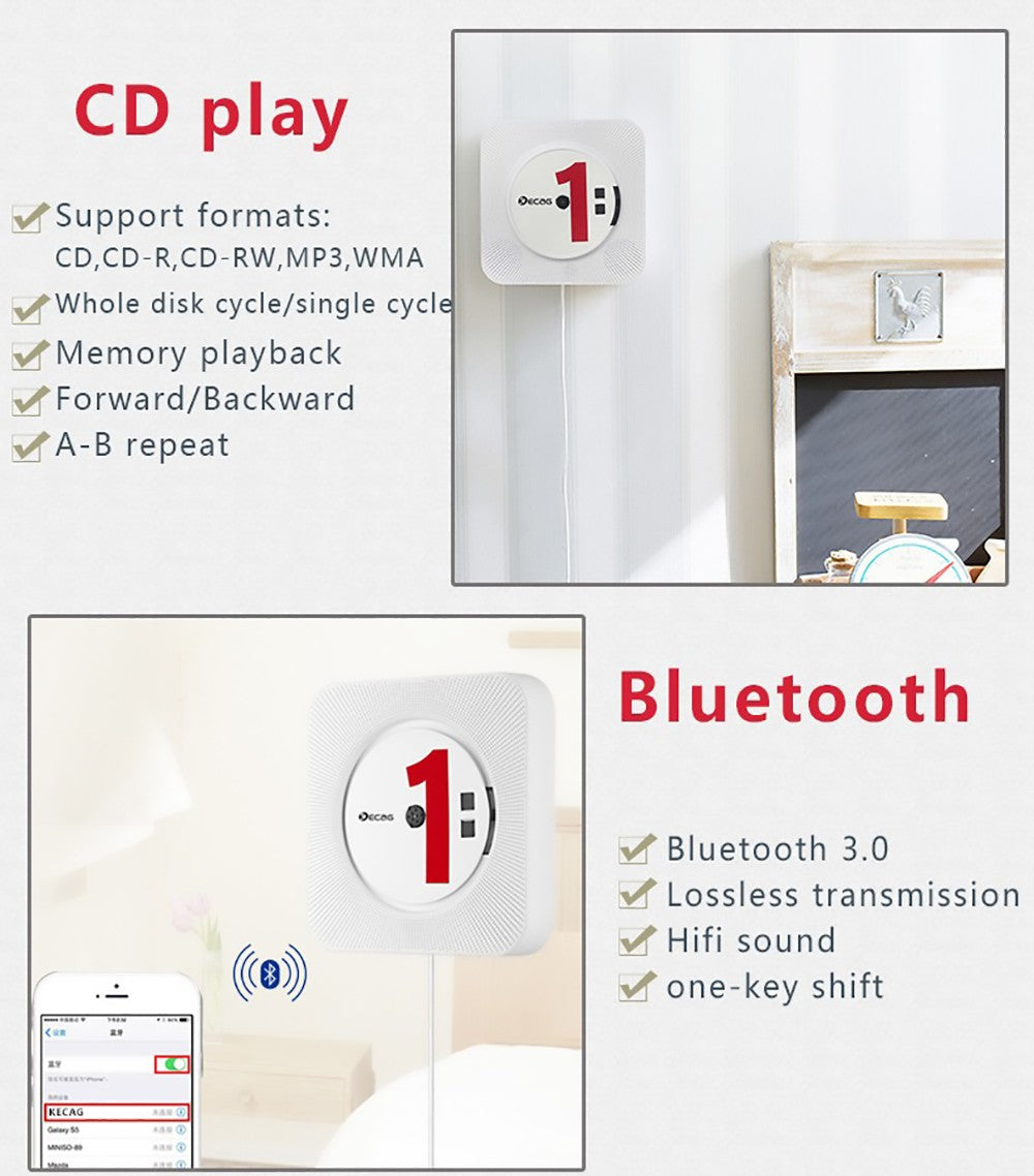 Kecag KC-808 Nástěnný CD přehrávač s Bluetooth a dálkovým ovládáním, FM rádio, MP3, konektor pro sluchátka, USB - černý