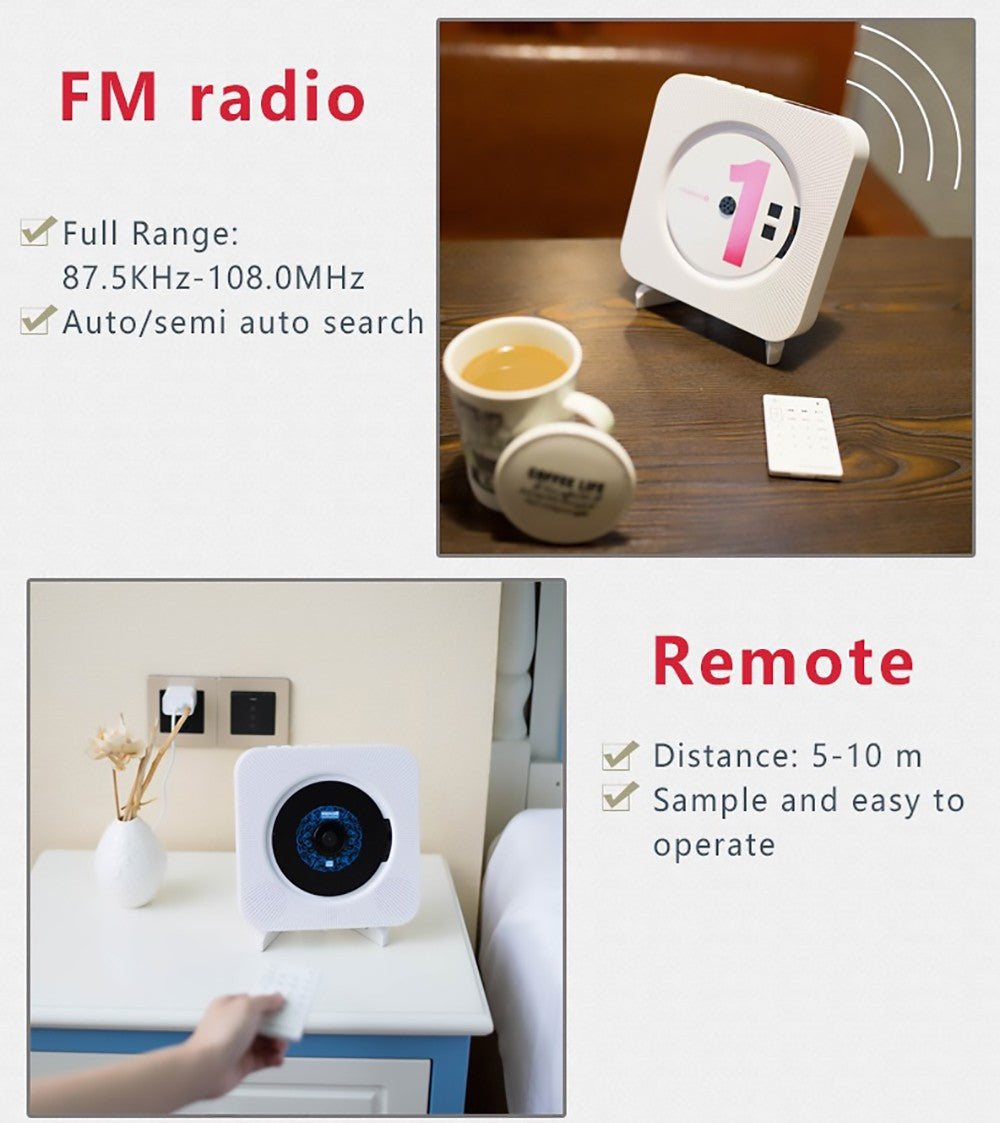 Kecag KC-808 Nástěnný CD přehrávač s Bluetooth a dálkovým ovládáním, FM rádio, MP3, konektor pro sluchátka, USB - černý