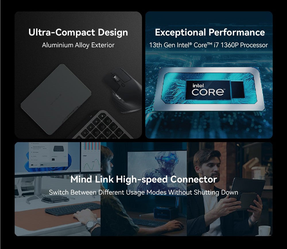 Přenosná pracovní stanice KHADAS Mind Premium Mini PC, Intel Core i7-1360P 12 jader až 5,0 GHz, 32 GB RAM 1 TB SSD, WiFi 6E Bluetooth 5.2, vestavěná baterie 5,55 Wh, 2*USB typu C 1*HDMI 2.0 2*USB 3.2, aplikace Mind - zástrčka EU