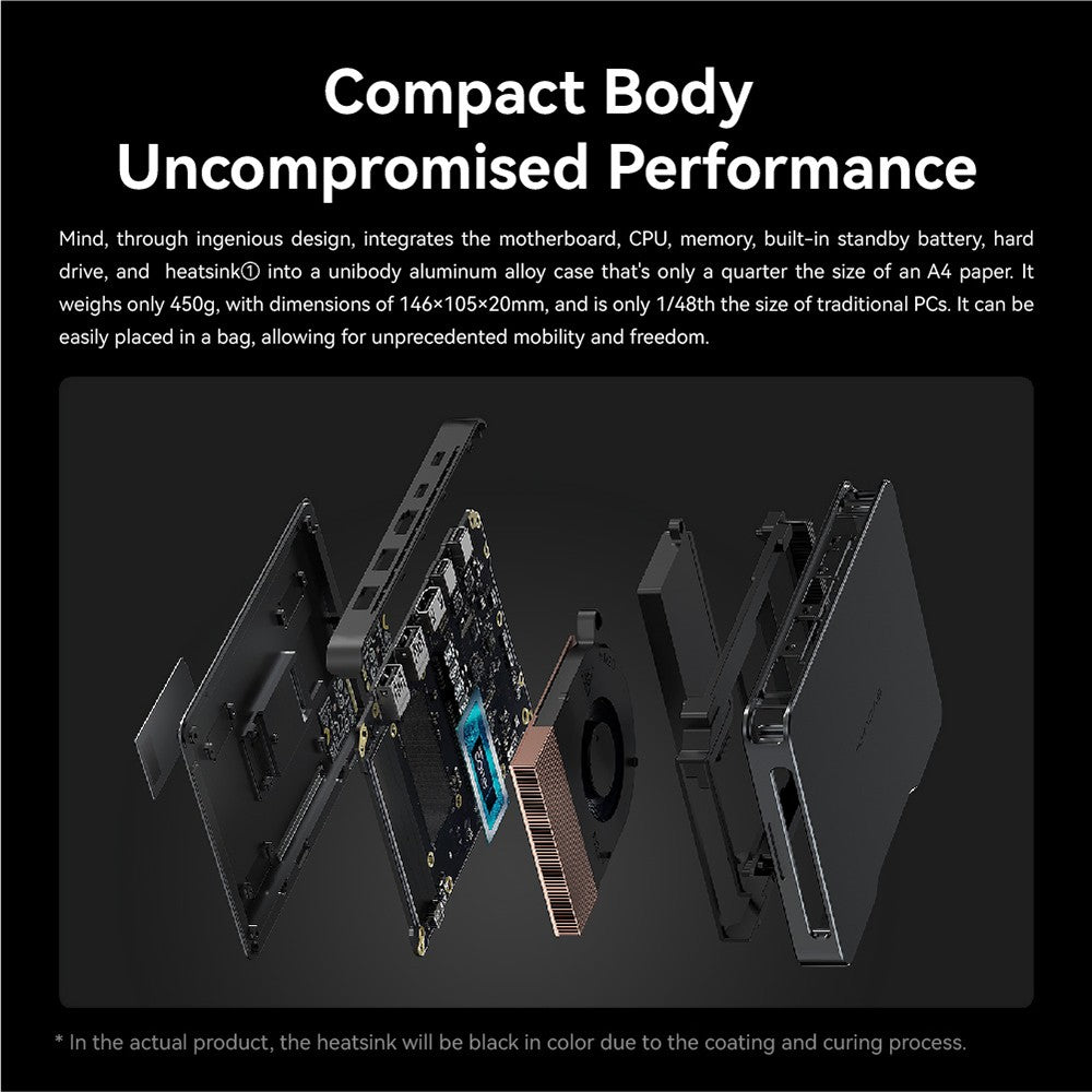 Přenosná pracovní stanice KHADAS Mind Premium Mini PC, Intel Core i7-1360P 12 jader až 5,0 GHz, 32 GB RAM 1 TB SSD, WiFi 6E Bluetooth 5.2, vestavěná baterie 5,55 Wh, 2*USB typu C 1*HDMI 2.0 2*USB 3.2, aplikace Mind - zástrčka EU