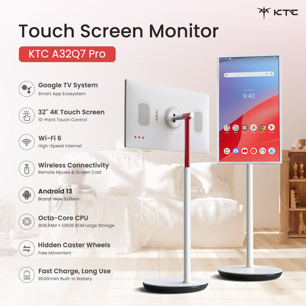 Mobilní monitor KTC A32Q7 Pro, 32'' 4K dotyková obrazovka, WiFi6, Android 13, RK3588S 8 jader, certifikace Google EDLA, baterie 9500 mAh, 8 GB RAM 128 GB ROM, nastavitelné úhly, 1*HDMI 2.0, 1*USB 3.0, 1*USB 2.0
