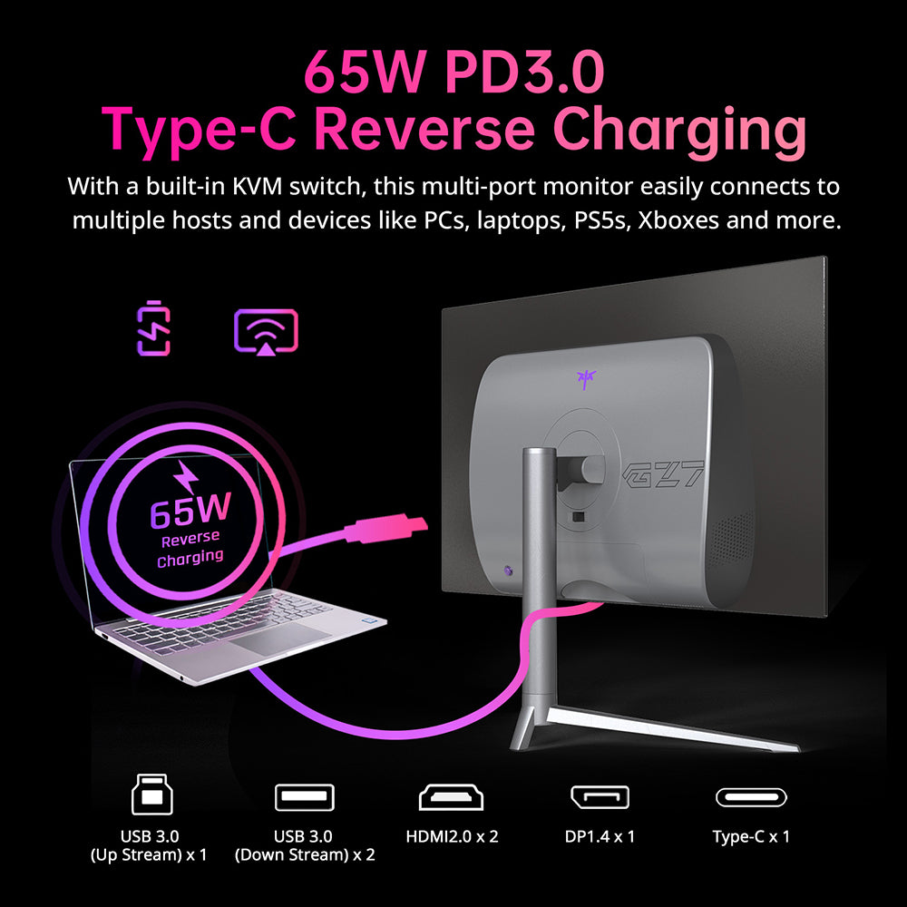 Herní monitor KTC G27P6 27" LG OLED, 2560x1440, 16:9, obnovovací frekvence 240 Hz, kontrastní poměr 1500000:1, 136% sRGB HDR10, doba odezvy 0,03 ms GTG, Low Blue FreeSync a G-Sync, 3x USB 3.0, 2x HDMI 2.0, DP 1.4 typu C, vestavěné reproduktory, KVM 65W, reverzní nabíjení, VESA