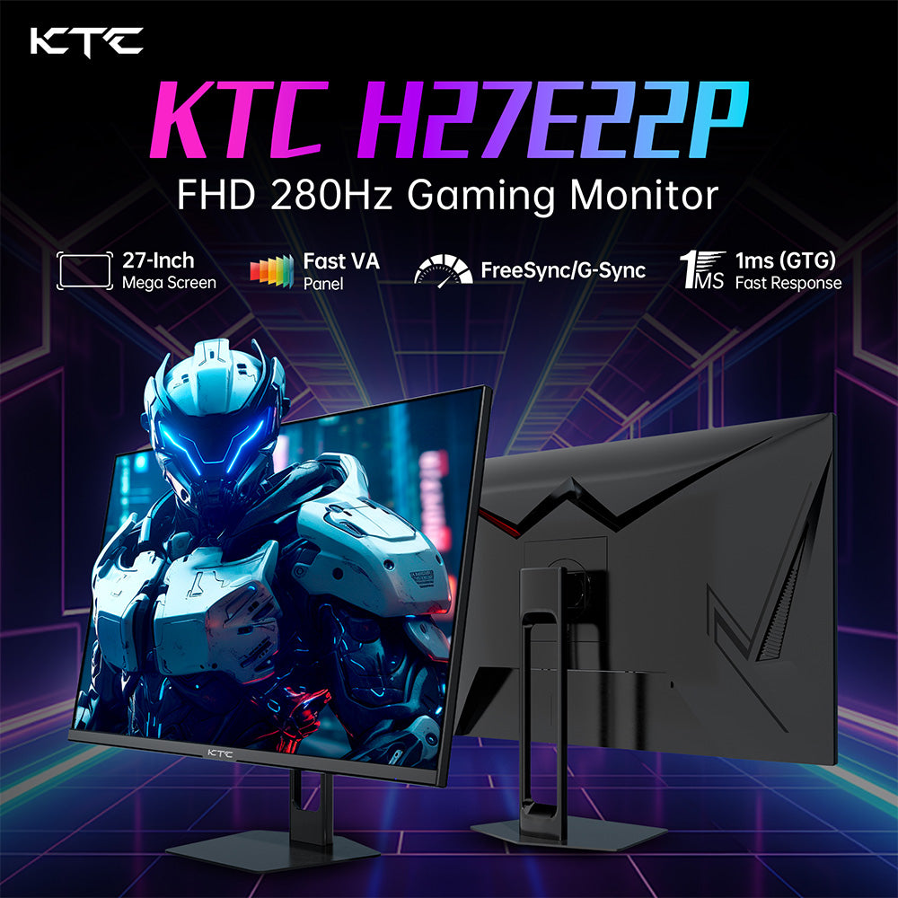 Herní monitor KTC H27E22P, 27palcový 1920*1080 FHD FAST VA panel, kontrastní poměr 4000:1, vysoká obnovovací frekvence 280 Hz, doba odezvy 1 ms GTG, FreeSync a G-Sync, HDR10, nízká hladina modrého světla a Flicker-free, 2*HDMI 2.0, 1*DP 1.4, 1*USB 2.0, 1*sluchátka
