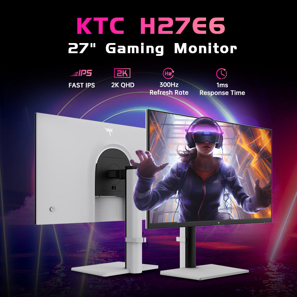 Herní monitor KTC H27E6 27 palců, 2560*1440 QHD rychlá IPS obrazovka, obnovovací frekvence 300 Hz, HDR 400, doba odezvy 1 ms, FreeSync a G-Sync, 144 % sRGB, možnost montáže VESA, 2*HDMI 2.1, 2*DP 1.4, 1*USB 2.0, 1*sluchátka