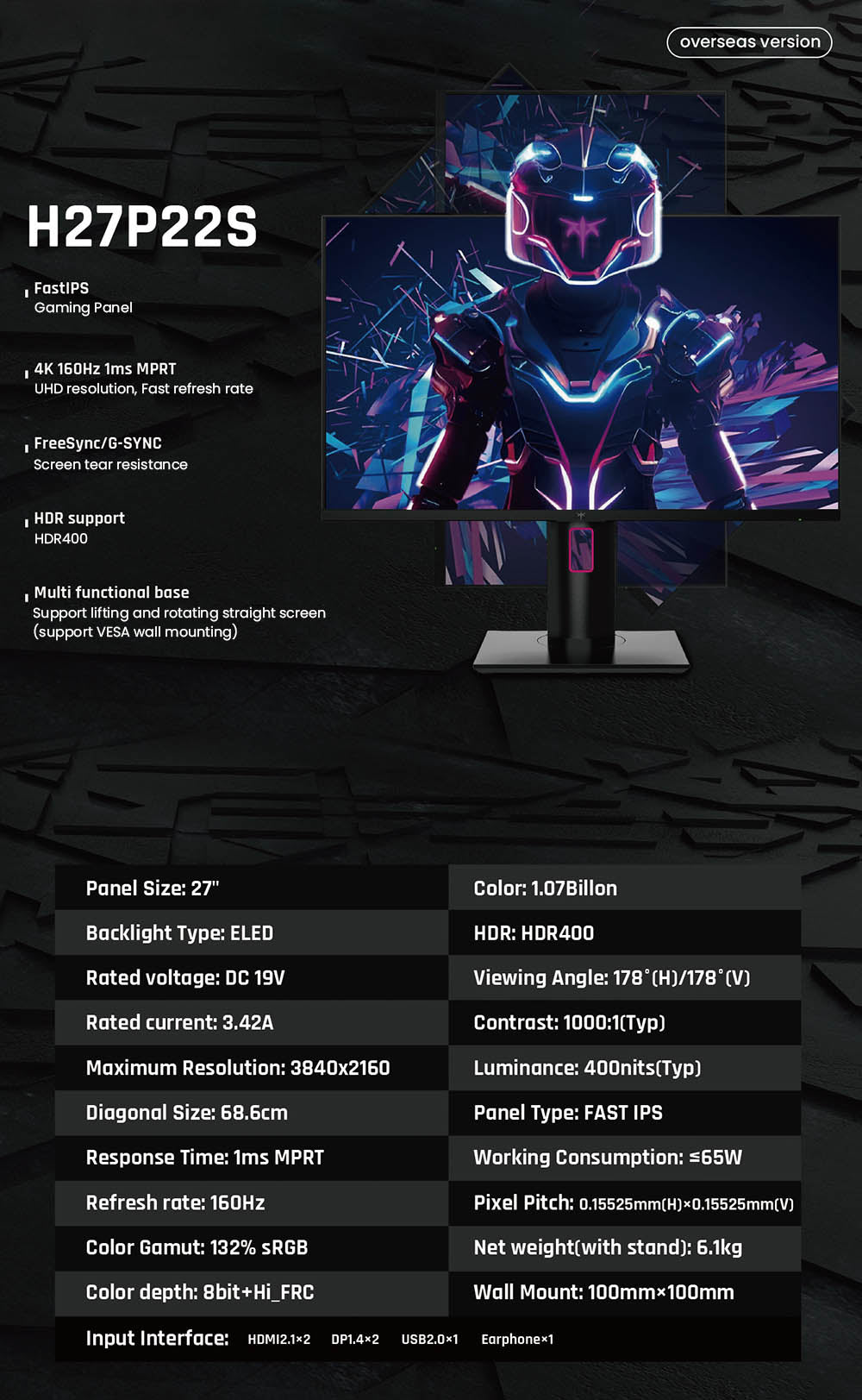 Herní monitor KTC H27P22S 27" s rozlišením 3840x2160 UHD, AUO 7.0, rychlý IPS panel, HDR400, obnovovací frekvence 160 Hz, doba odezvy 1 ms, 132 % sRGB, kompatibilní s FreeSync a G-SYNC, redukce modrého světla, 2x HDMI 2.1, 2x DP 1.4, 1x USB 2.0, nastavitelný stojan a držák VESA