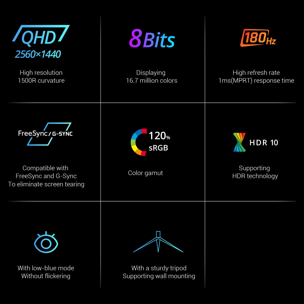 Herní monitor KTC H27S17 27" s rozlišením 1500R, QHD 2560x1440, poměr stran 16:9, ELED, 170 Hz, 120 % sRGB, kontrastní poměr 4000:1, doba odezvy MPRT 1 ms, nízká rozmazání pohybem, kompatibilní s FreeSync, G-Sync, USB, 2x HDMI 2.0, 2x DP 1.4, audio výstup, držák VESA
