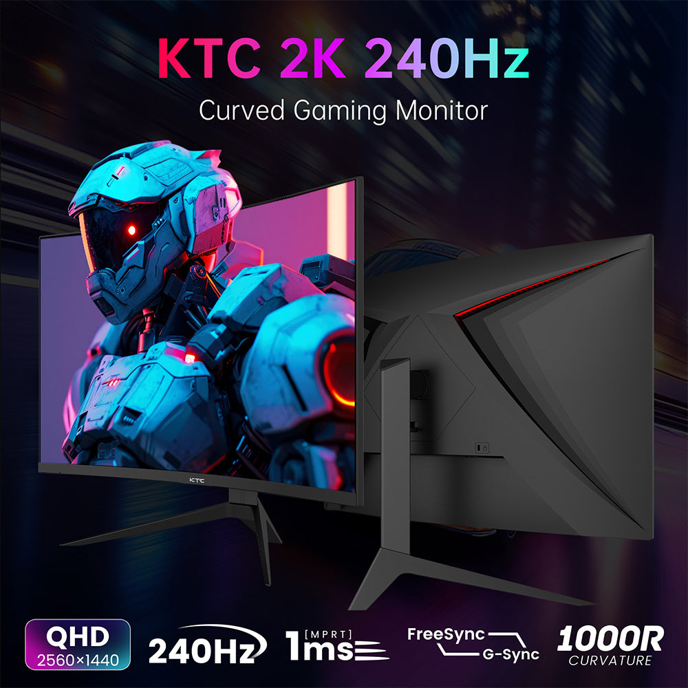Herní monitor KTC H27S25E, 27palcový displej s rozlišením 2560*1440 QHD CSOT HVA, zakřivení 1000R, obnovovací frekvence 240 Hz, doba odezvy 1 ms MPRT, adaptivní synchronizace, kontrastní poměr 2500:1, držák VESA, nízká hladina modrého světla a bez blikání, 2x HDMI 2.0, 1x DP 1.2, 1x sluchátka