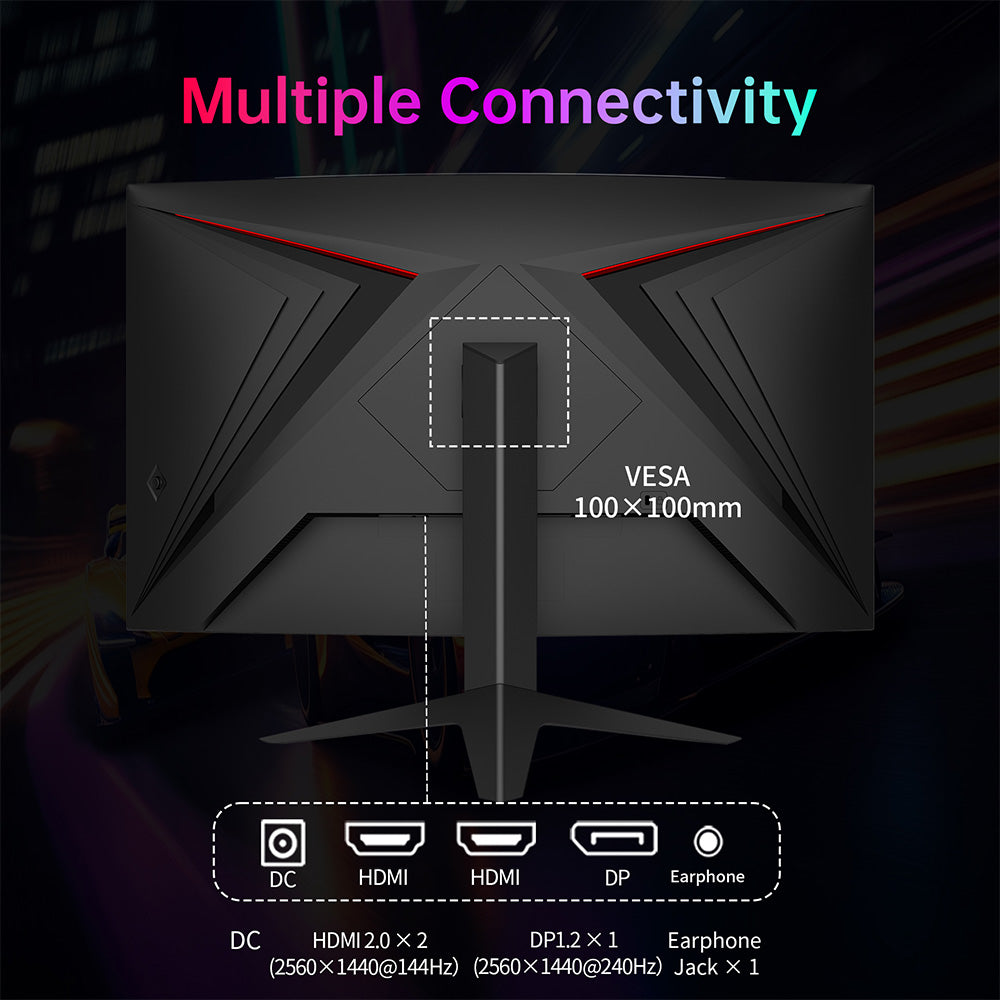Herní monitor KTC H27S25E, 27palcový displej s rozlišením 2560*1440 QHD CSOT HVA, zakřivení 1000R, obnovovací frekvence 240 Hz, doba odezvy 1 ms MPRT, adaptivní synchronizace, kontrastní poměr 2500:1, držák VESA, nízká hladina modrého světla a bez blikání, 2x HDMI 2.0, 1x DP 1.2, 1x sluchátka
