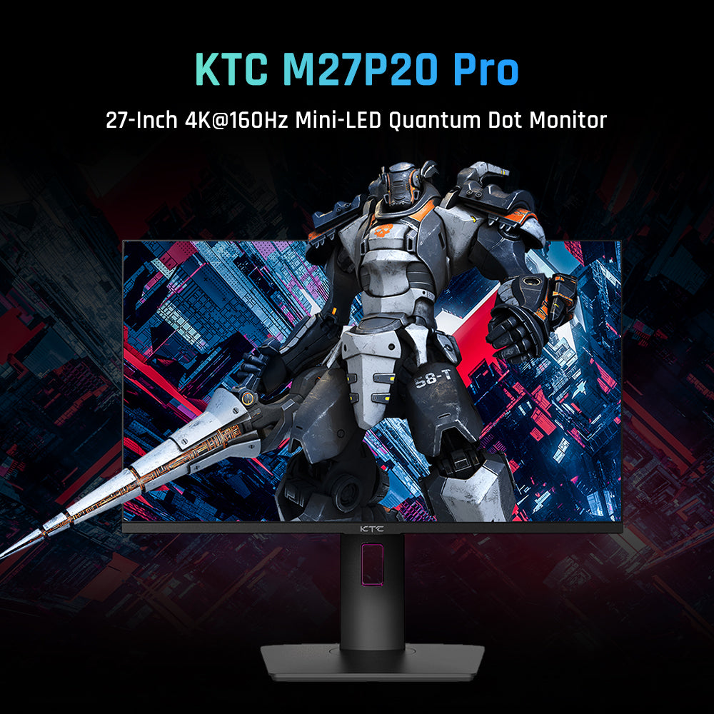 Herní monitor KTC M27P20 Pro s úhlopříčkou 27 palců, mini LED, rozlišení 3840x2160 UHD 160Hz, 4K AUO, rychlý IPS panel, doba odezvy 1 ms MPRT, technologie Quantum Dot HDR 1000, FreeSync a G-Sync, vestavěné reproduktory, USB 3.0 Upstream, 2x HDMI 2.1 DP 1.4, 90W Type-C Audio, KVM, montáž na stěnu, VESA