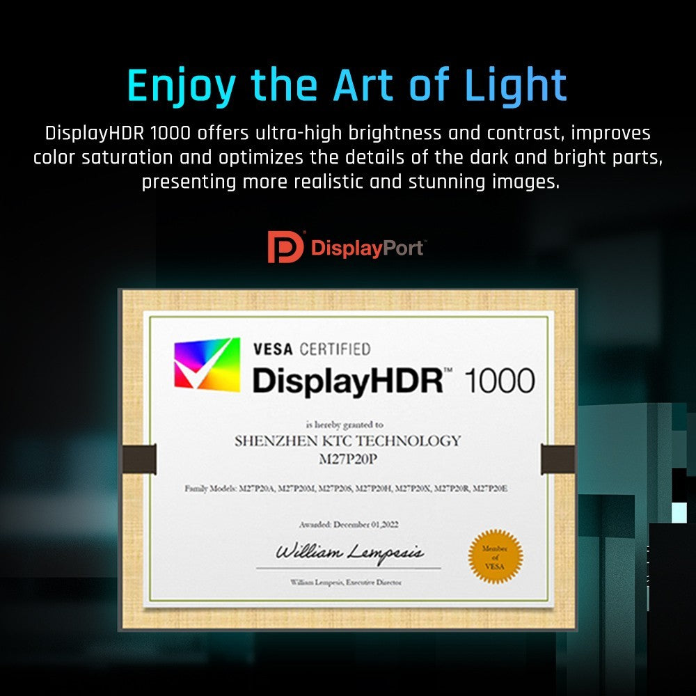 Herní monitor KTC M27P20 Pro s úhlopříčkou 27 palců, mini LED, rozlišení 3840x2160 UHD 160Hz, 4K AUO, rychlý IPS panel, doba odezvy 1 ms MPRT, technologie Quantum Dot HDR 1000, FreeSync a G-Sync, vestavěné reproduktory, USB 3.0 Upstream, 2x HDMI 2.1 DP 1.4, 90W Type-C Audio, KVM, montáž na stěnu, VESA