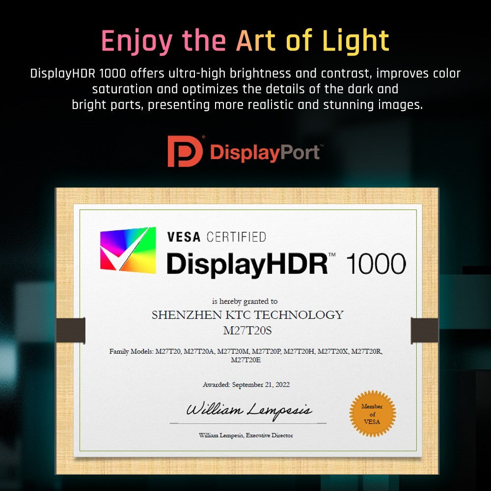 Herní monitor KTC M27T20 27 palců, mini LED, 2560x1440, 2K QHD, 165 Hz, HVA, doba odezvy 1 ms MPRT, technologie Quantum Dot, HDR 1000, kompatibilní s FreeSync G-Sync, vestavěné reproduktory, okolní osvětlení, USB 3.0, upstream, 2x HDMI 2.0, DP 1.4, 90 W, audio typu C, nástěnný držák na KVM
