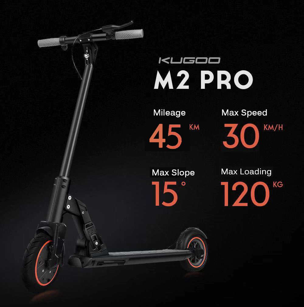 Elektrická koloběžka KUGOO M2 Pro, motor 350 W, baterie 36 V 10 Ah, pneumatiky 8,5 palce, maximální rychlost 30 km/h, dojezd 45 km, mechanická kotoučová brzda, dvojité odpružení, LCD displej
