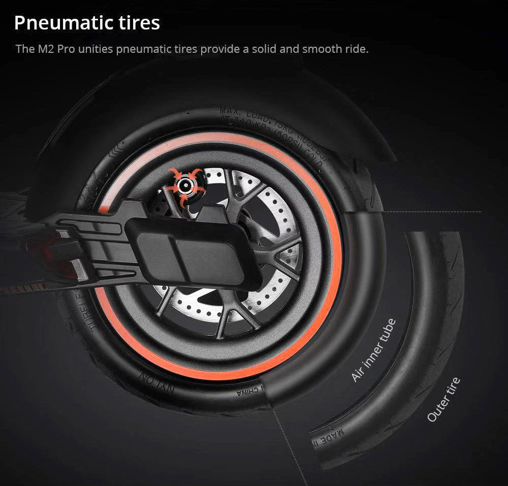 Elektrická koloběžka KUGOO M2 Pro, motor 350 W, baterie 36 V 10 Ah, pneumatiky 8,5 palce, maximální rychlost 30 km/h, dojezd 45 km, mechanická kotoučová brzda, dvojité odpružení, LCD displej