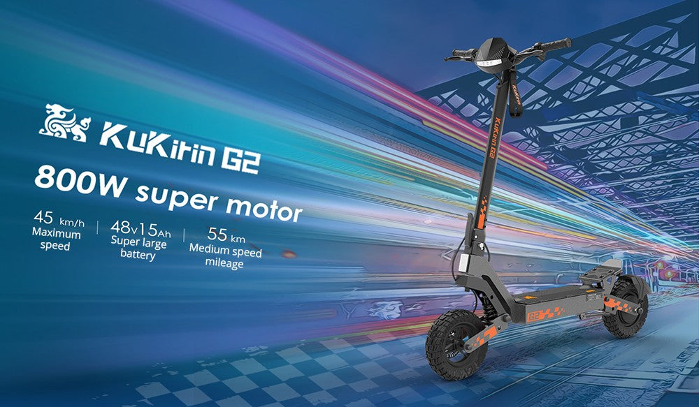 Skládací elektrická koloběžka Kukirin G2, motor 800 W, baterie 48 V 15 Ah, 10palcové pneumatiky, maximální rychlost 45 km/h, dojezd 55 km, dotykový displej, přední a zadní kotoučové brzdy