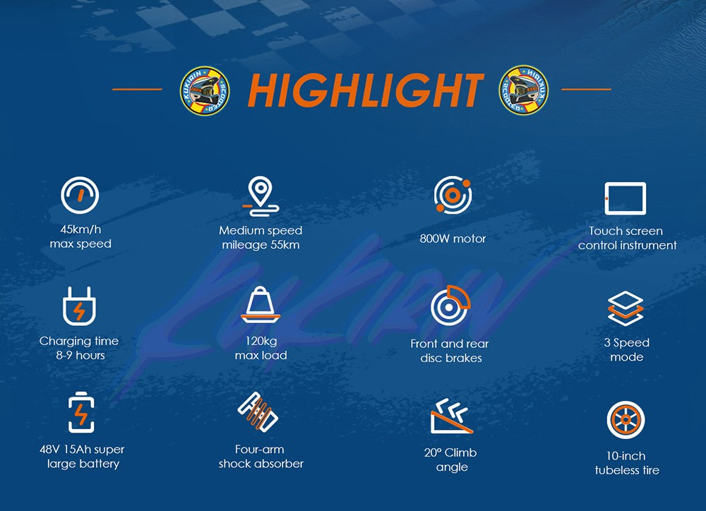 Skládací elektrická koloběžka Kukirin G2, motor 800 W, baterie 48 V 15 Ah, 10palcové pneumatiky, maximální rychlost 45 km/h, dojezd 55 km, dotykový displej, přední a zadní kotoučové brzdy