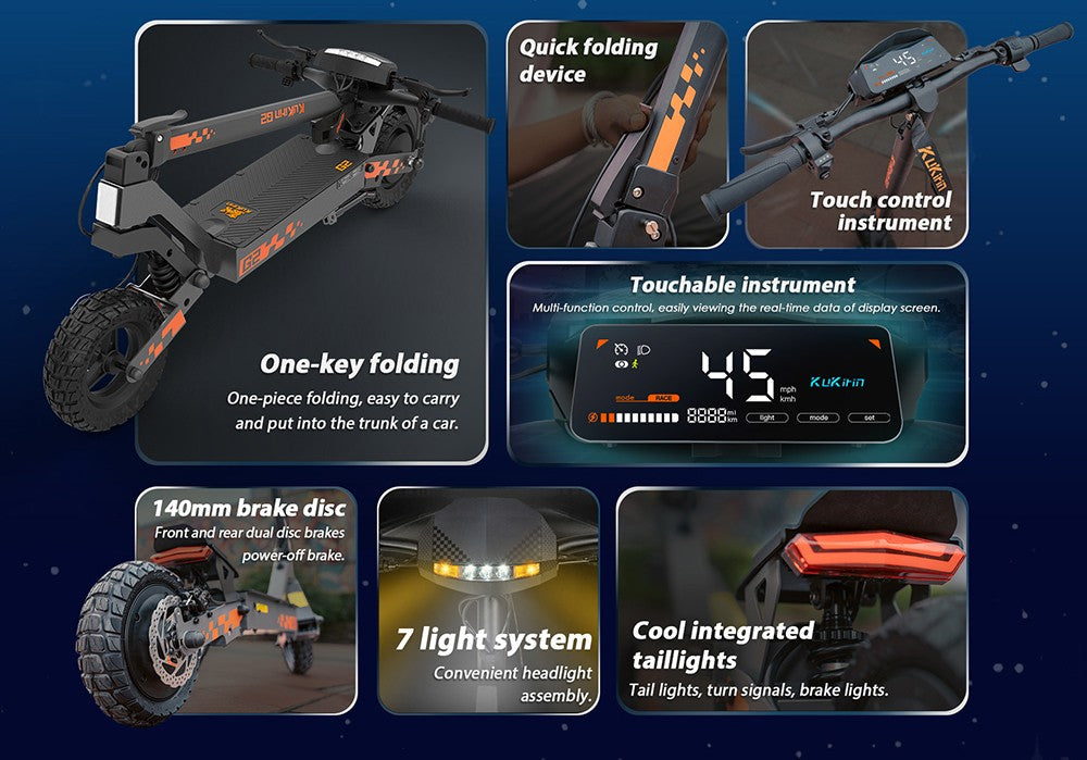 Skládací elektrická koloběžka Kukirin G2, motor 800 W, baterie 48 V 15 Ah, 10palcové pneumatiky, maximální rychlost 45 km/h, dojezd 55 km, dotykový displej, přední a zadní kotoučové brzdy
