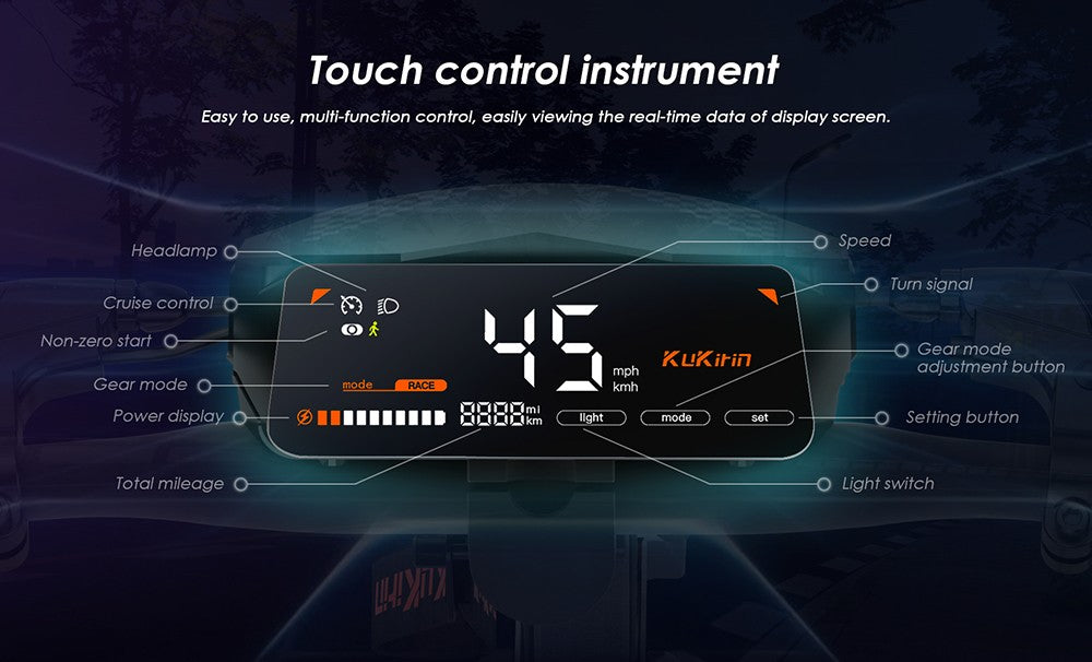 Skládací elektrická koloběžka Kukirin G2, motor 800 W, baterie 48 V 15 Ah, 10palcové pneumatiky, maximální rychlost 45 km/h, dojezd 55 km, dotykový displej, přední a zadní kotoučové brzdy