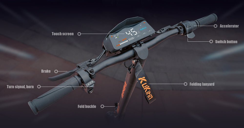 Skládací elektrická koloběžka Kukirin G2, motor 800 W, baterie 48 V 15 Ah, 10palcové pneumatiky, maximální rychlost 45 km/h, dojezd 55 km, dotykový displej, přední a zadní kotoučové brzdy