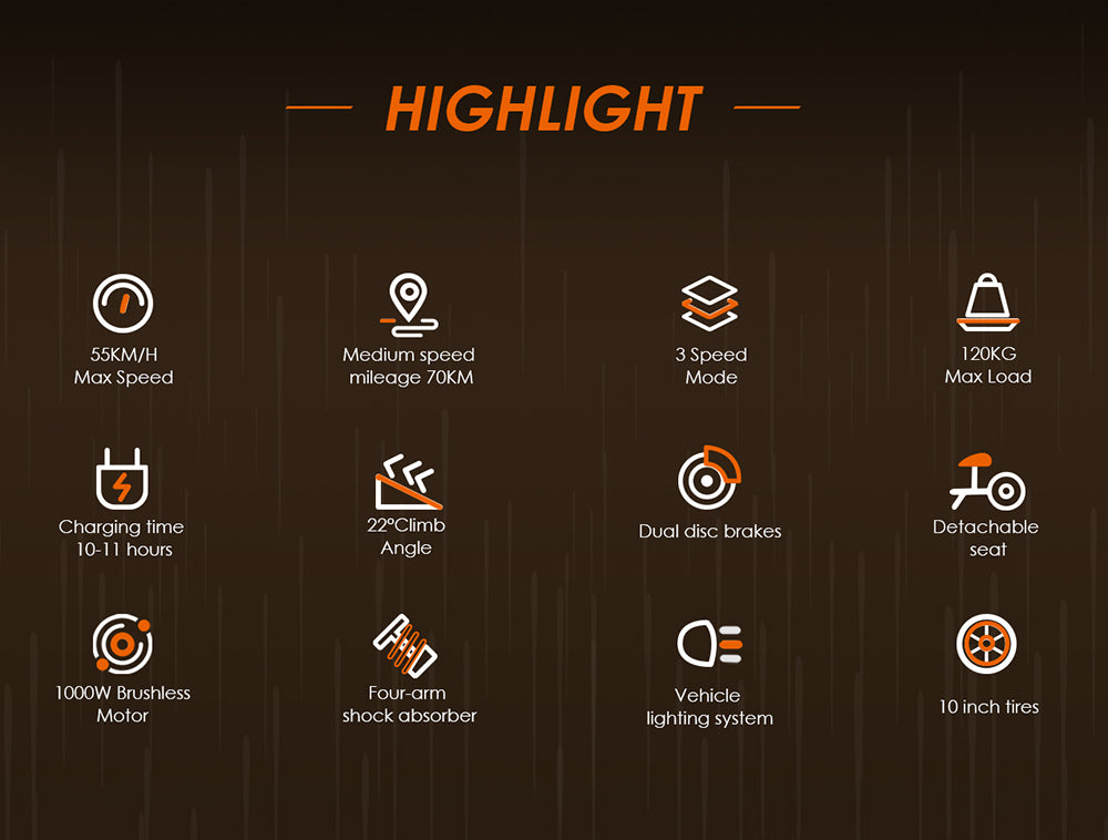 Elektrická koloběžka KuKirin G2 Max, 10palcové terénní pneumatiky, motor 1000 W, maximální rychlost 55 km/h, baterie 48 V 20 Ah, dojezd 80 km, maximální zatížení 120 kg, odnímatelné sedadlo, nastavitelná výška