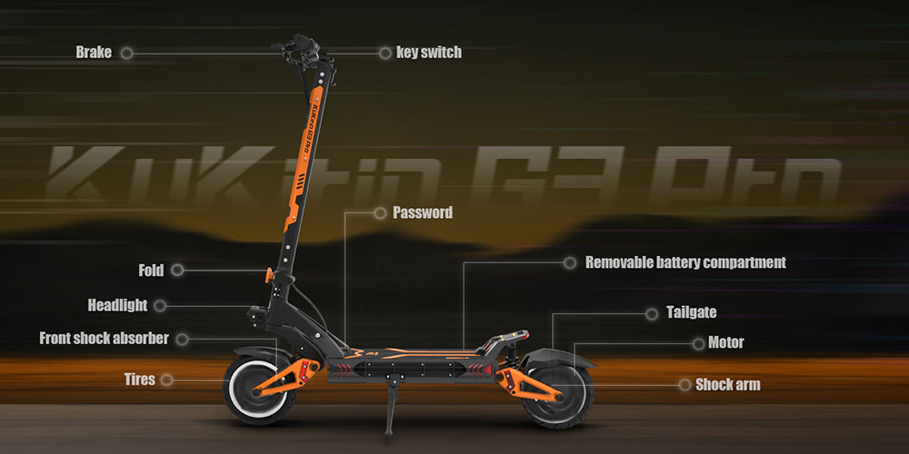 KuKirin G3 Pro 2024 verze 1200W*2 motor terénní elektrická koloběžka 10palcové pneumatiky 52V 23,2Ah vyměnitelná baterie dojezd 80 km maximální rychlost 65 km/h dvojitý hydraulický tlumič nárazů vodotěsnost IP54 dvojitá hydraulická brzda