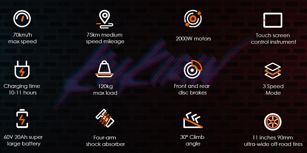 Terénní elektrická koloběžka KuKirin G4 s motorem 2000 W, baterií 60 V 20 Ah, dojezdem 75 km, maximální rychlostí 70 km/h, 11palcovými vakuovými pneumatikami, směrovými světly - černá