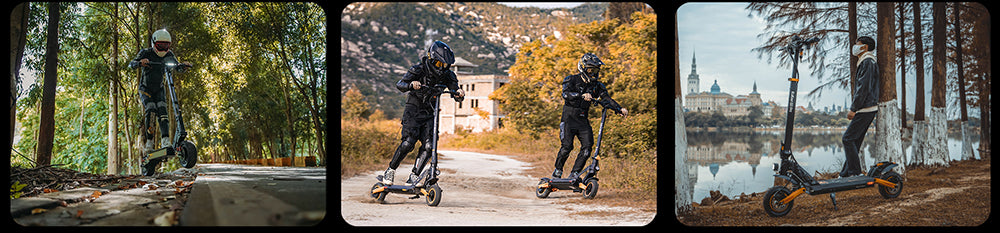 Terénní elektrická koloběžka KuKirin G4 s motorem 2000 W, baterií 60 V 20 Ah, dojezdem 75 km, maximální rychlostí 70 km/h, 11palcovými vakuovými pneumatikami, směrovými světly - černá