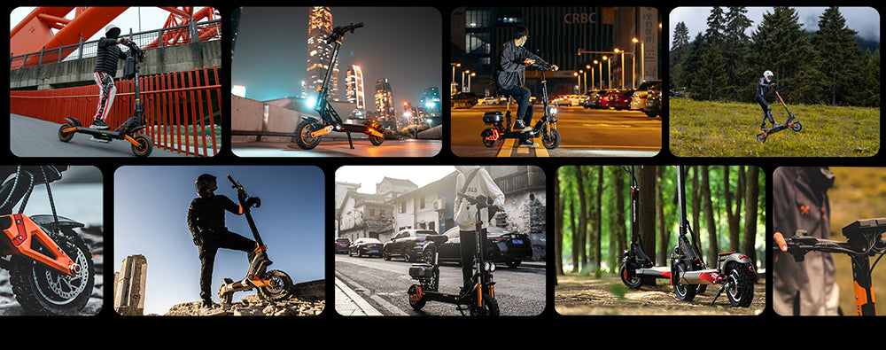 Terénní elektrická koloběžka KuKirin G4 s motorem 2000 W, baterií 60 V 20 Ah, dojezdem 75 km, maximální rychlostí 70 km/h, 11palcovými vakuovými pneumatikami, směrovými světly - černá