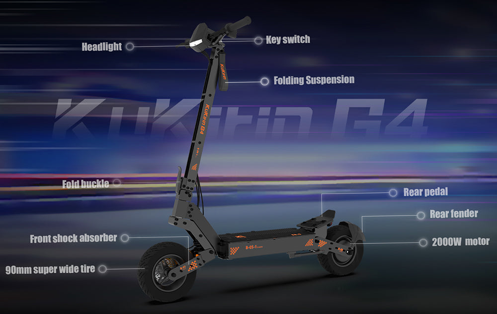 Terénní elektrická koloběžka KuKirin G4 s motorem 2000 W, baterií 60 V 20 Ah, dojezdem 75 km, maximální rychlostí 70 km/h, 11palcovými vakuovými pneumatikami, směrovými světly - černá