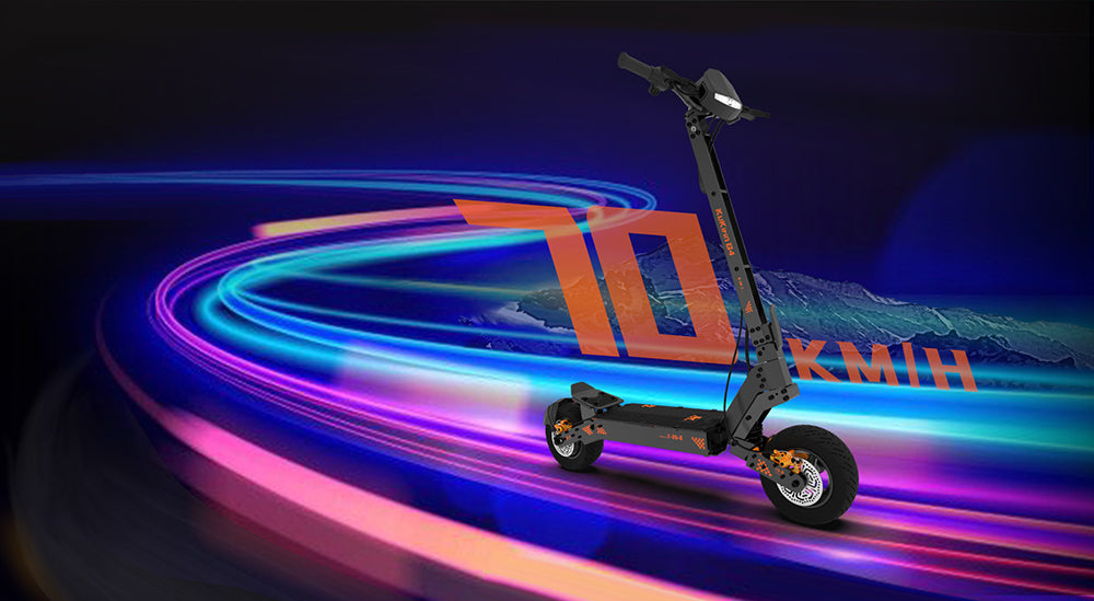 Terénní elektrická koloběžka KuKirin G4 s motorem 2000 W, baterií 60 V 20 Ah, dojezdem 75 km, maximální rychlostí 70 km/h, 11palcovými vakuovými pneumatikami, směrovými světly - černá