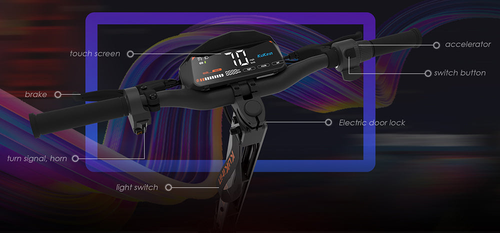 Terénní elektrická koloběžka KuKirin G4 s motorem 2000 W, baterií 60 V 20 Ah, dojezdem 75 km, maximální rychlostí 70 km/h, 11palcovými vakuovými pneumatikami, směrovými světly - černá