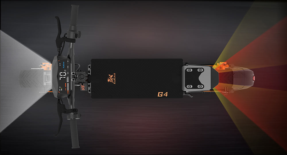 Terénní elektrická koloběžka KuKirin G4 s motorem 2000 W, baterií 60 V 20 Ah, dojezdem 75 km, maximální rychlostí 70 km/h, 11palcovými vakuovými pneumatikami, směrovými světly - černá