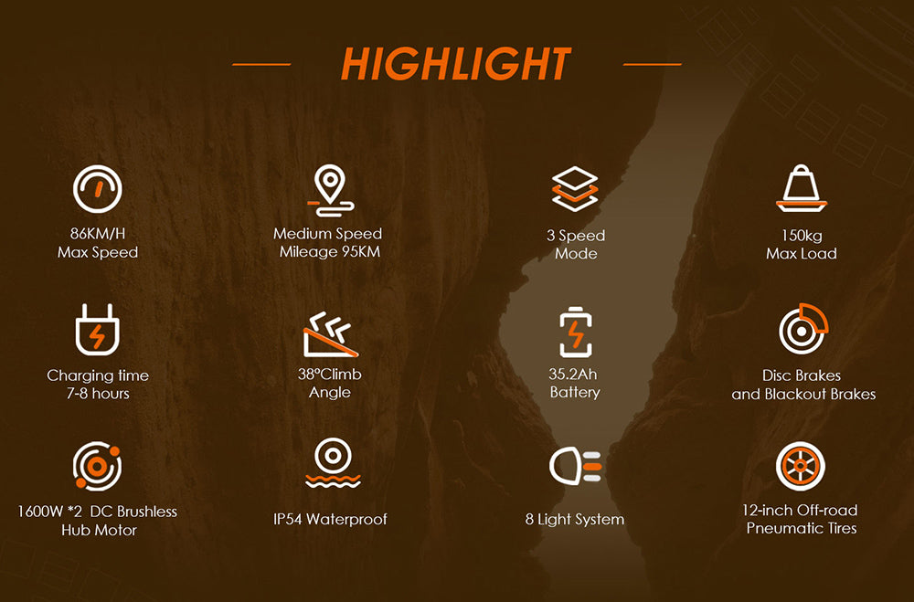 Terénní elektrická koloběžka KuKirin G4 Max, 2*1600W bezkartáčový motor v náboji, 12palcové terénní pneumatiky, baterie 60V 35,2Ah, maximální dojezd 95 km, maximální rychlost 86 km/h, olejová brzda vpředu a vzadu, vodotěsnost IP54