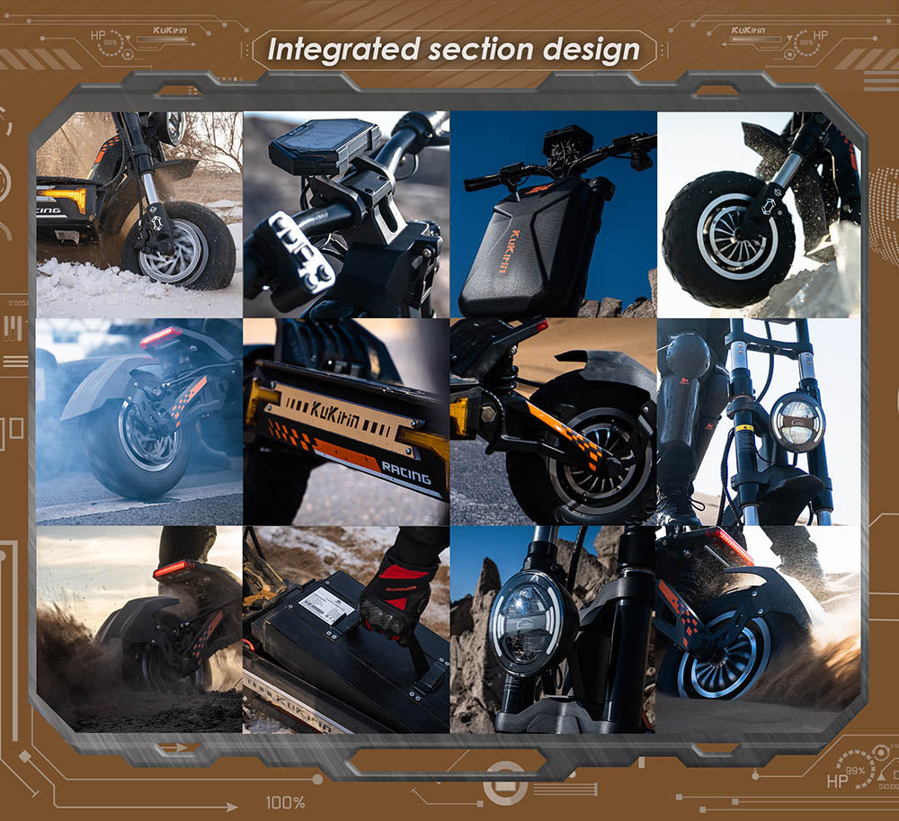 Terénní elektrická koloběžka KuKirin G4 Max, 2*1600W bezkartáčový motor v náboji, 12palcové terénní pneumatiky, baterie 60V 35,2Ah, maximální dojezd 95 km, maximální rychlost 86 km/h, olejová brzda vpředu a vzadu, vodotěsnost IP54