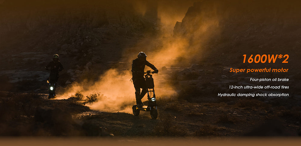 Terénní elektrická koloběžka KuKirin G4 Max, 2*1600W bezkartáčový motor v náboji, 12palcové terénní pneumatiky, baterie 60V 35,2Ah, maximální dojezd 95 km, maximální rychlost 86 km/h, olejová brzda vpředu a vzadu, vodotěsnost IP54