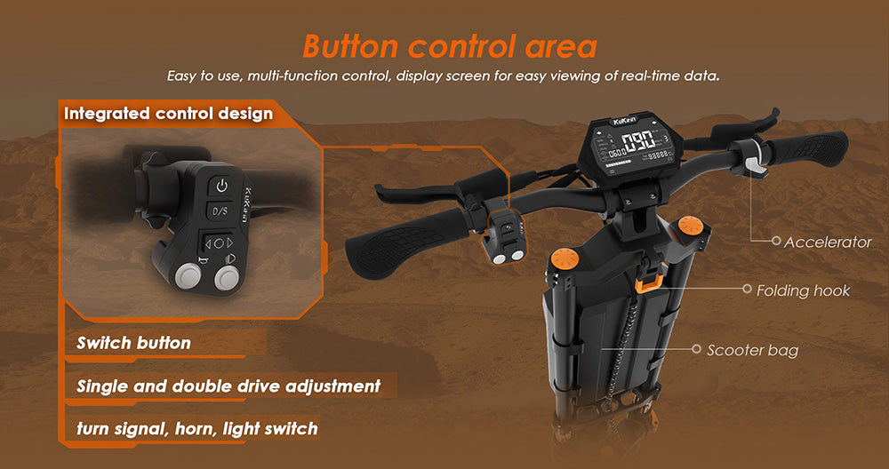 Terénní elektrická koloběžka KuKirin G4 Max, 2*1600W bezkartáčový motor v náboji, 12palcové terénní pneumatiky, baterie 60V 35,2Ah, maximální dojezd 95 km, maximální rychlost 86 km/h, olejová brzda vpředu a vzadu, vodotěsnost IP54