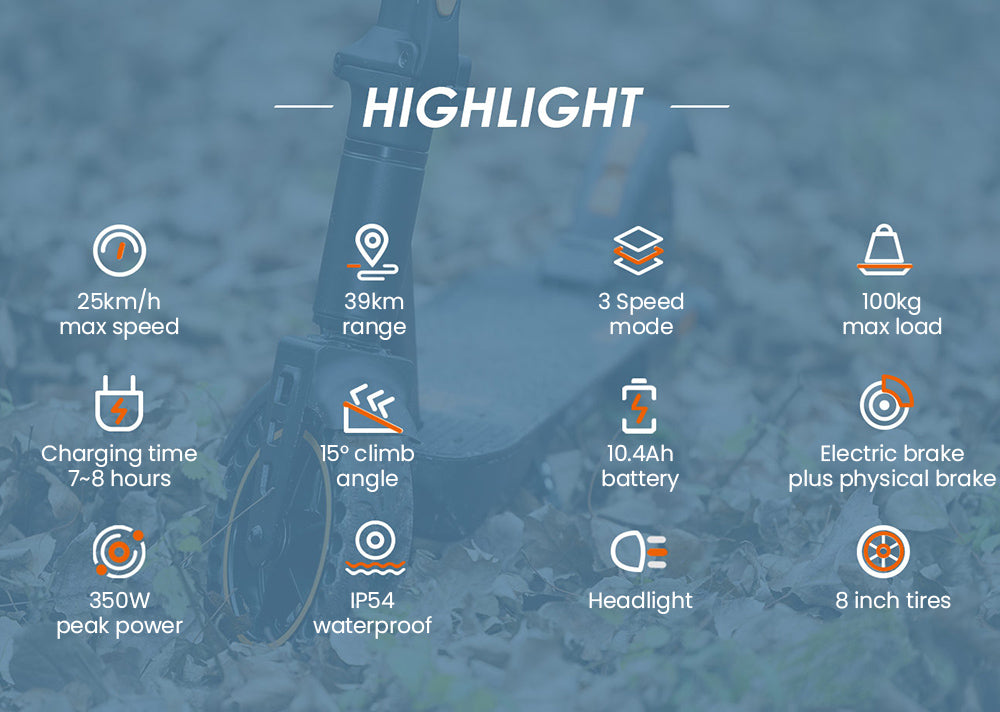 Skládací elektrická koloběžka KuKirin S1 Max, motor 350 W, baterie 36 V 10,4 Ah, pneumatiky 8 palců, maximální rychlost 30 km/h, dojezd 39 km, elektronická brzda vpředu, tlumení nárazů vzadu, chytrý displej