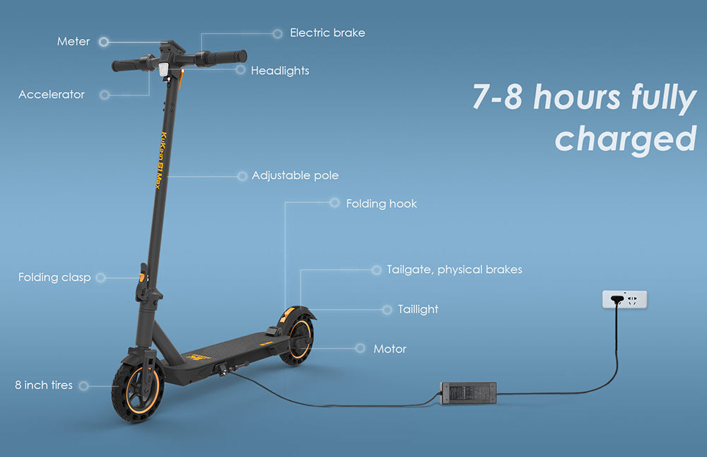Skládací elektrická koloběžka KuKirin S1 Max, motor 350 W, baterie 36 V 10,4 Ah, pneumatiky 8 palců, maximální rychlost 30 km/h, dojezd 39 km, elektronická brzda vpředu, tlumení nárazů vzadu, chytrý displej