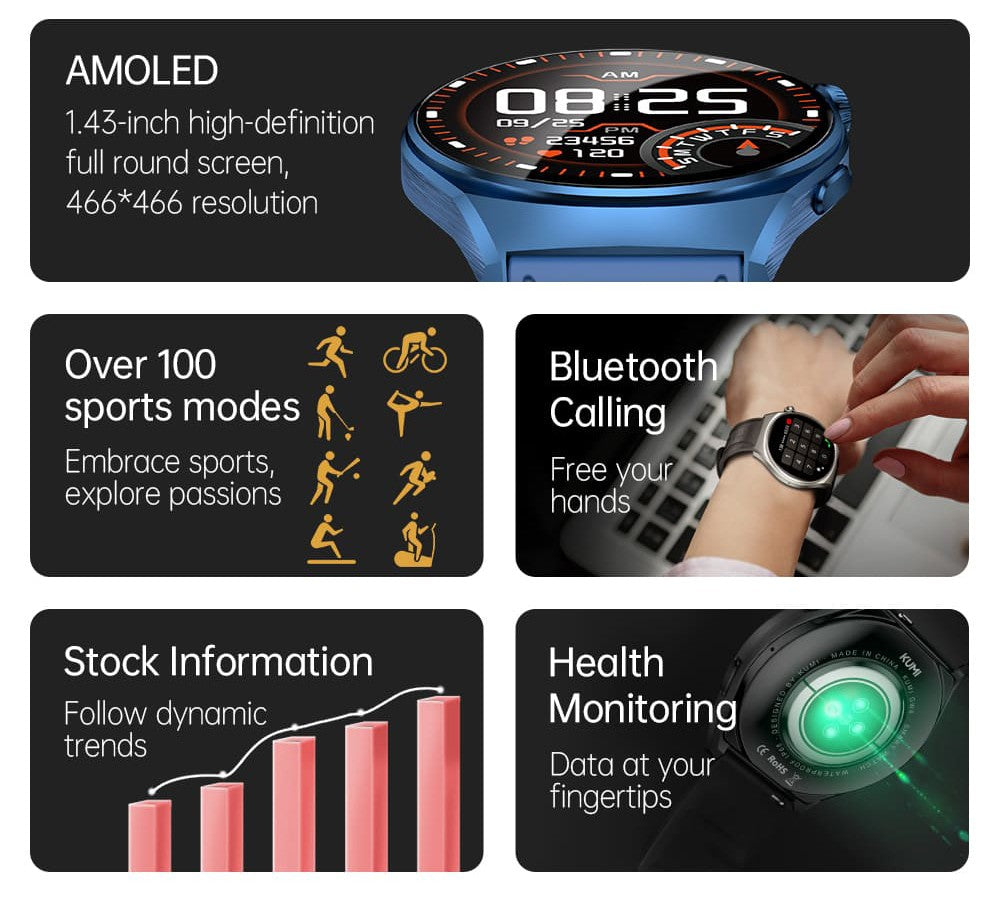 Chytré hodinky KUMI GW6, 1,43palcový AMOLED HD displej, funkce AI Voice, monitorování srdečního tepu během spánku, volání přes Bluetooth - černé